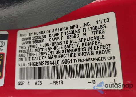 2004 Honda Civic Ex из США, поврежденный, VIN 1HGEM22944L019061